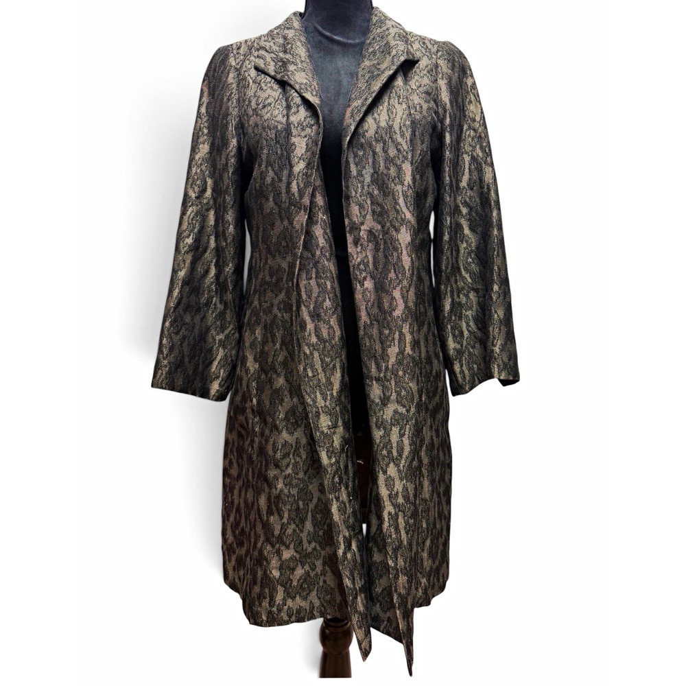 Eileen Fisher Metallic Jacquard Long Topper Coat Black Bronze Silk Cotton Blend